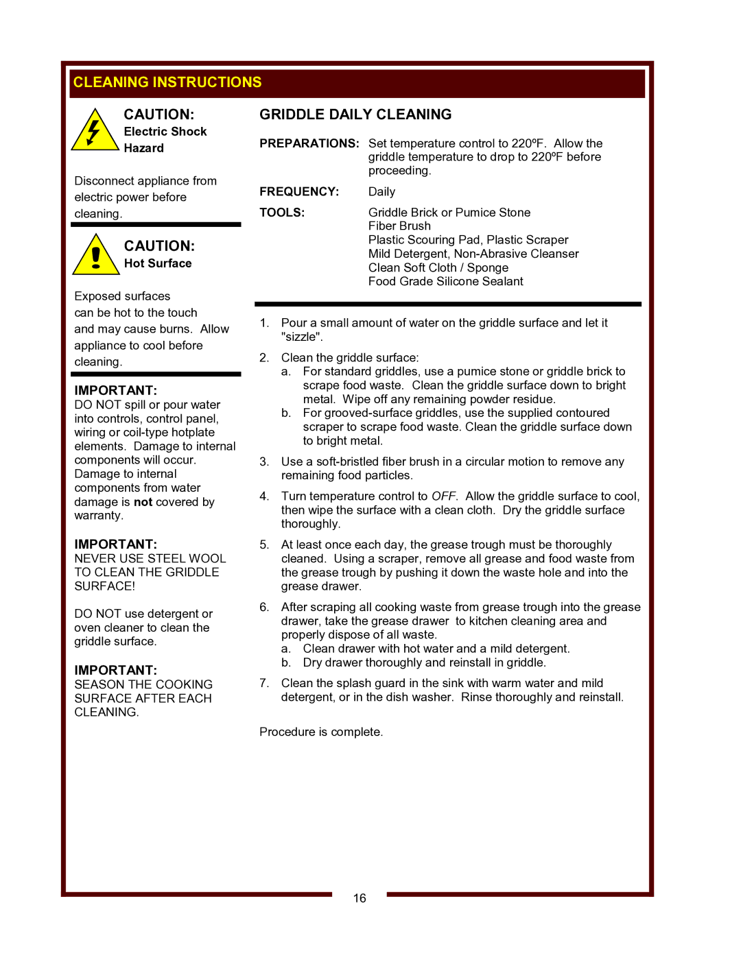 Wells WVG-136, WVG-136RW Cleaning Instructions, Griddle Daily Cleaning, Never USE Steel Wool to Clean the Griddle Surface 