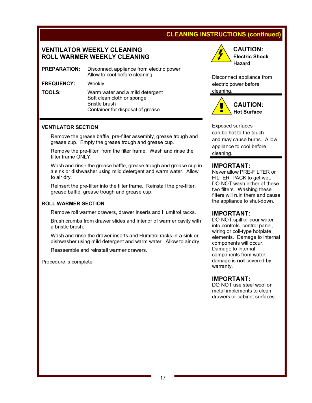 Wells WVG-136RW Ventilator Weekly Cleaning Roll Warmer Weekly Cleaning, Ventilator Section, Roll Warmer Section 