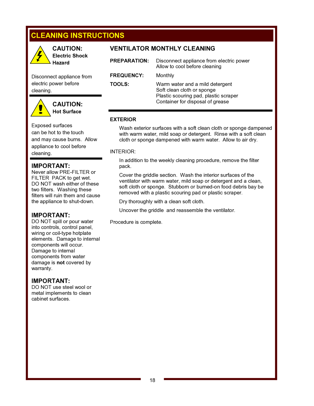 Wells WVG-136, WVG-136RW operation manual Ventilator Monthly Cleaning, Exterior, Interior 