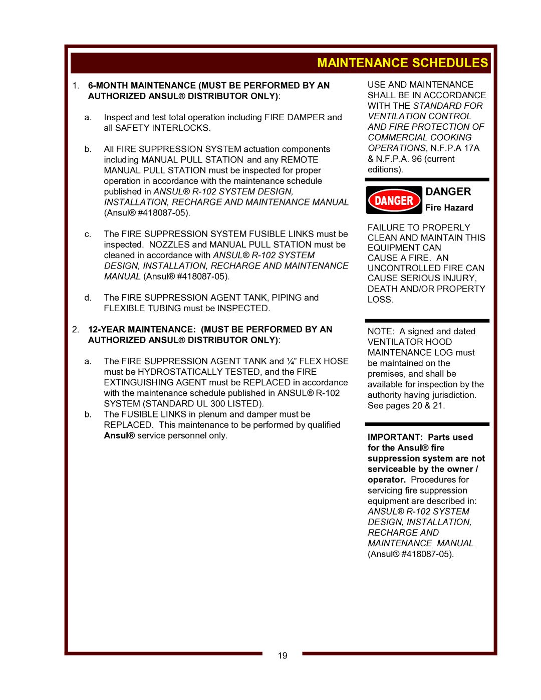 Wells WVG-136, WVG-136RW operation manual Maintenance Schedules 