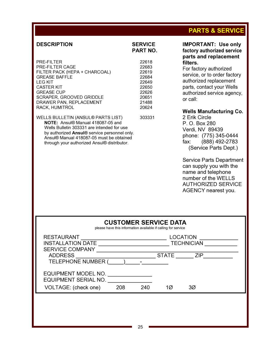 Wells WVG-136, WVG-136RW operation manual Description Service 