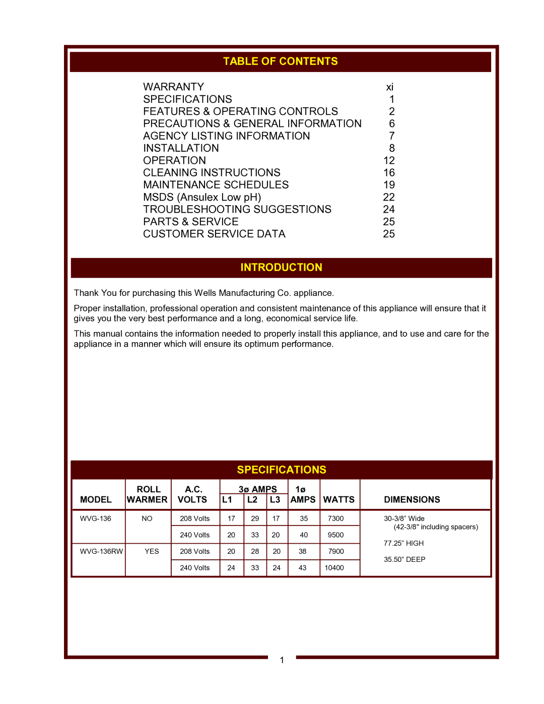 Wells WVG-136, WVG-136RW operation manual Table of Contents, Introduction, Specifications 