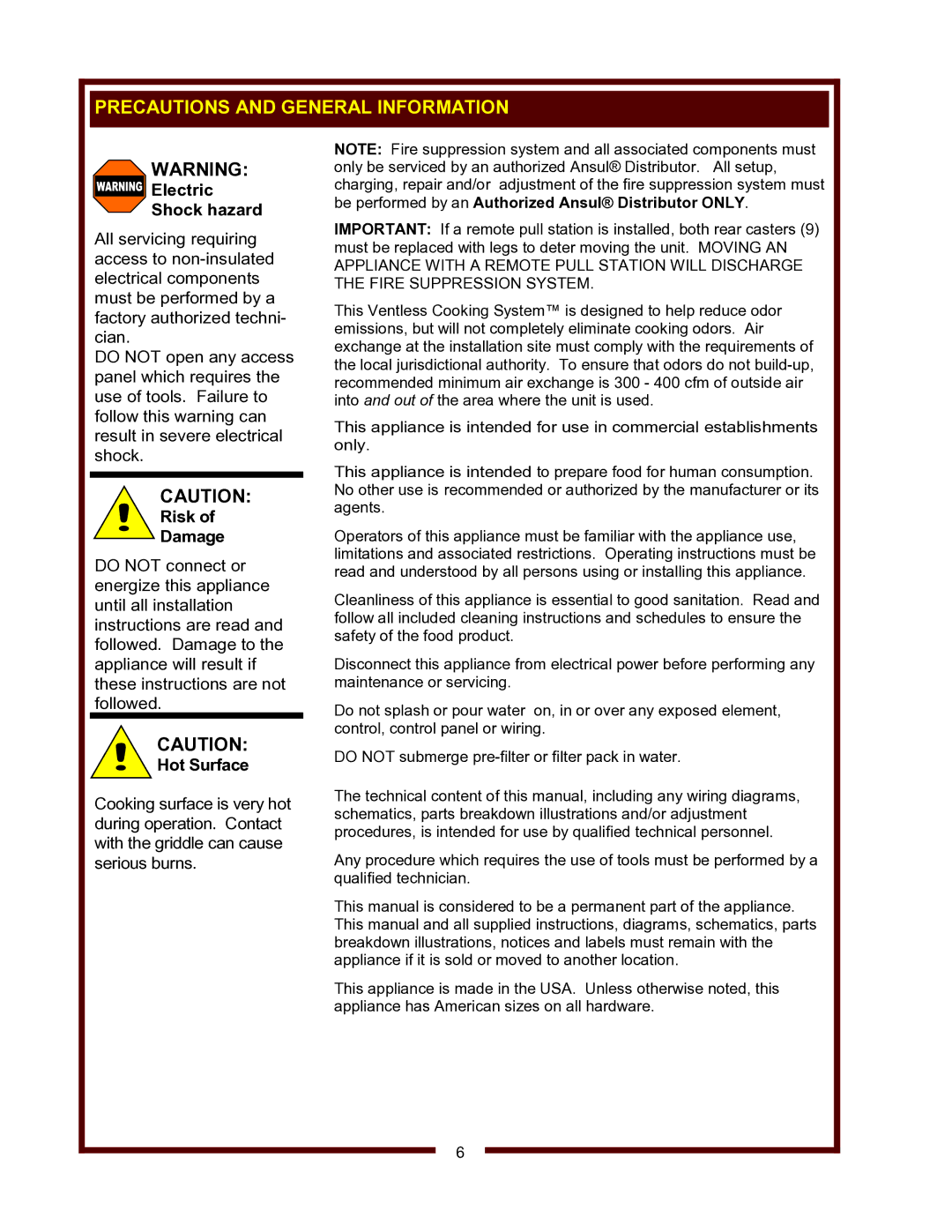 Wells WVG-136, WVG-136RW operation manual Precautions and General Information, Electric Shock hazard 