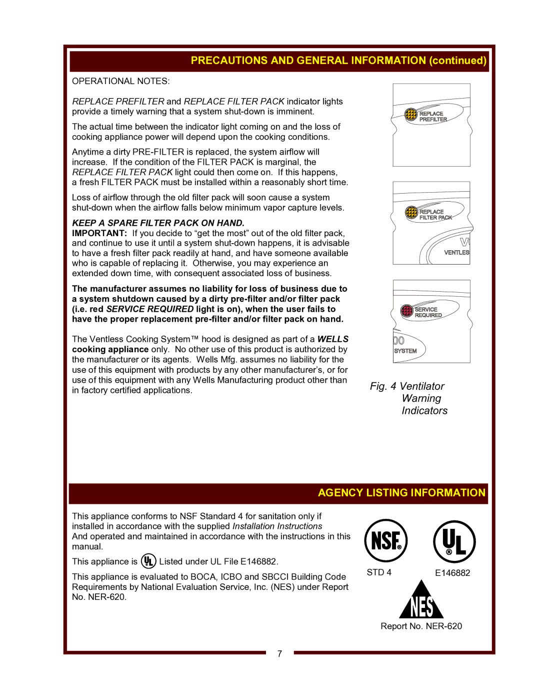 Wells WVG-136, WVG-136RW operation manual Agency Listing Information, Operational Notes, Std 