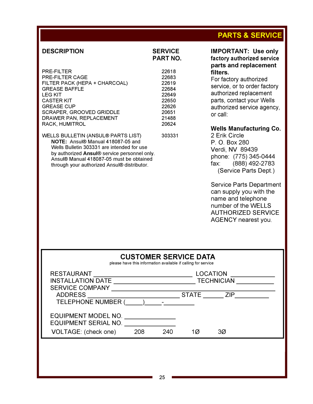 Wells WVG-136, WVG-136RW operation manual Parts & Service, Customer Service Data, Description, Wells Manufacturing Co 