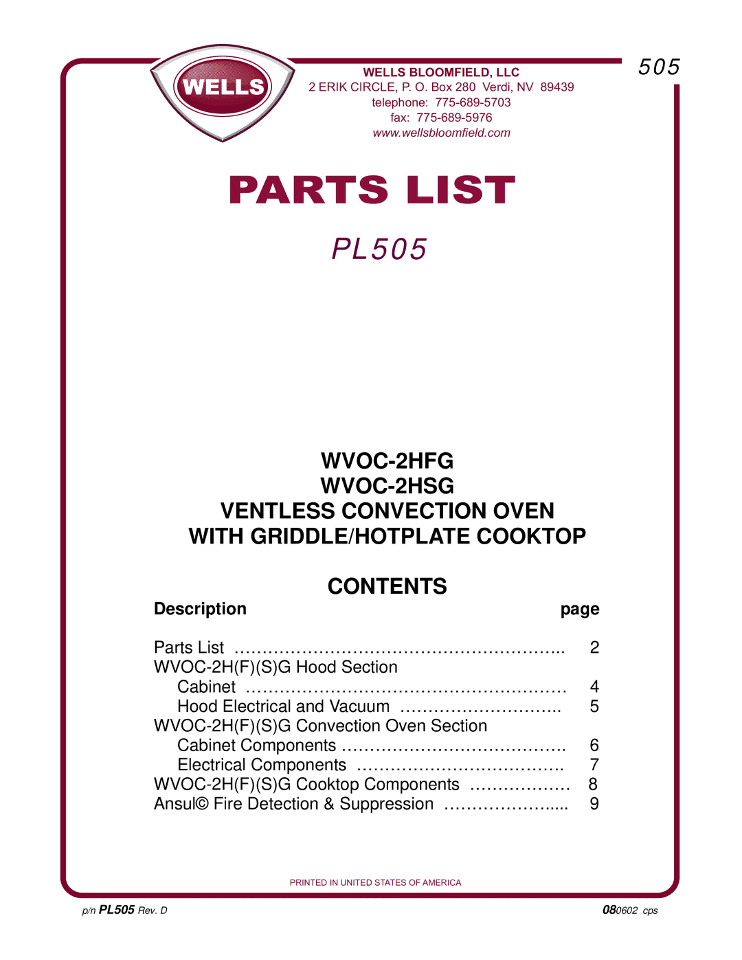 Wells WVOC-2HSG, WVOC-2HFG manual Parts List 