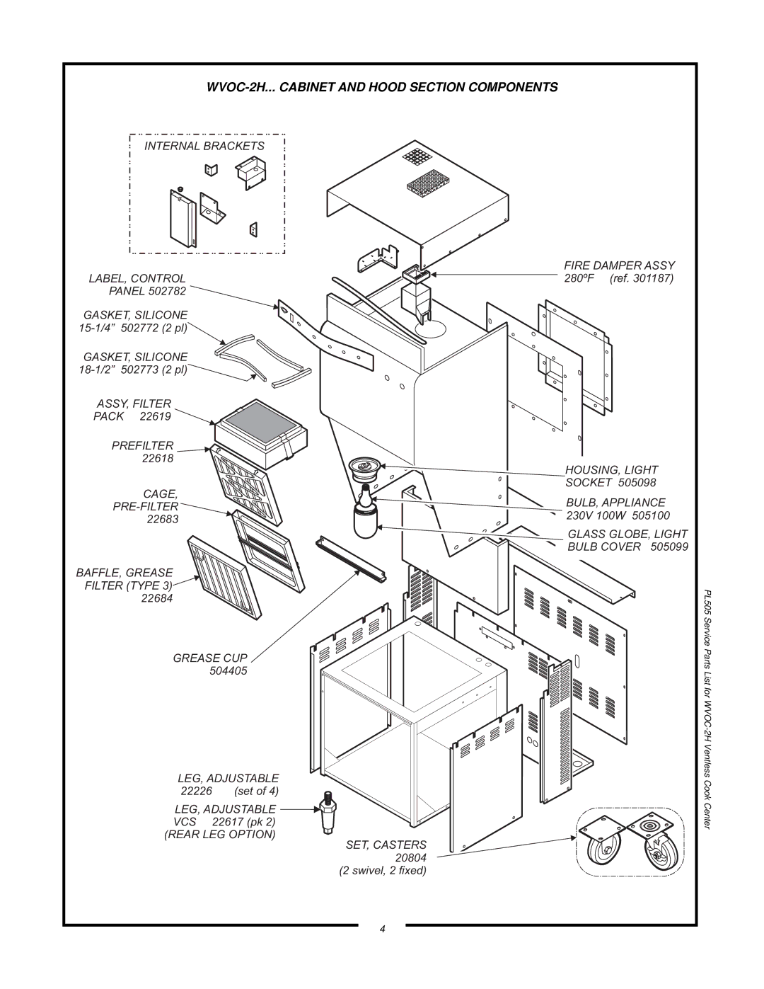 Wells WVOC-2HFG, WVOC-2HSG manual WVOC-2H... Cabinet and Hood Section Components, Rear LEG Option 