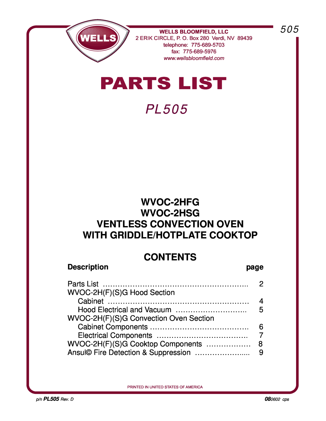 Wells manual Parts List, PL505, WVOC-2HFG WVOC-2HSG VENTLESS CONVECTION OVEN, With Griddle/Hotplate Cooktop Contents 