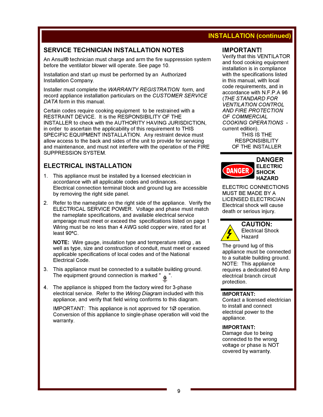 Wells WVOC-4HF, WVOC-4HS Service Technician Installation Notes, Electrical Installation, This is Responsibility Installer 