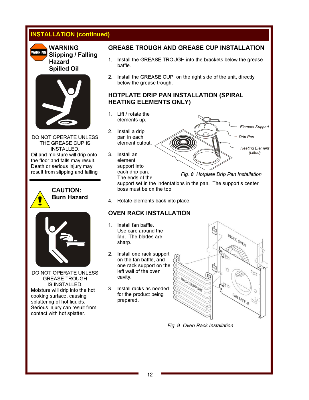 Wells WVOC-4HF Grease Trough and Grease CUP Installation, Hotplate Drip PAN Installation Spiral Heating Elements only 