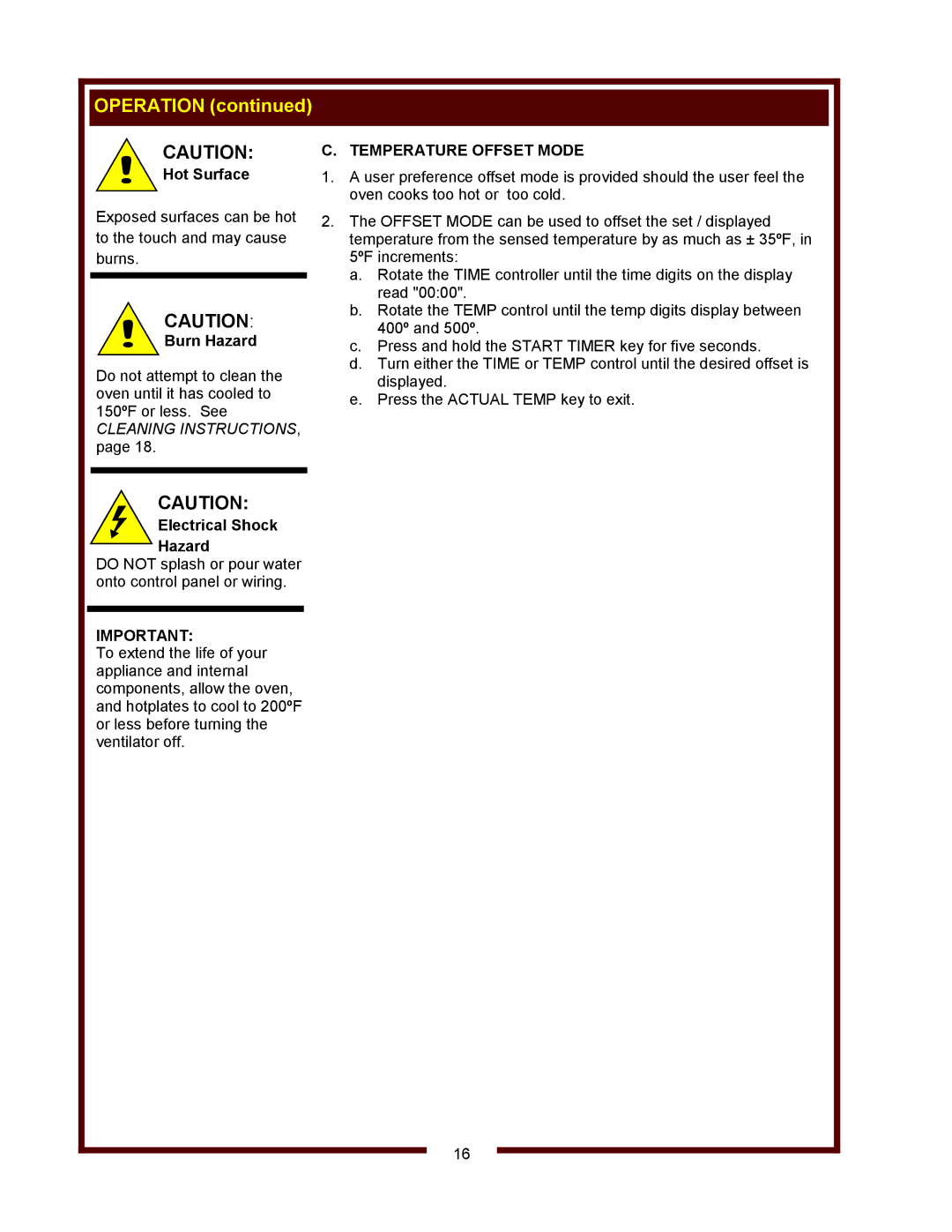 Wells WVOC-4HS, WVOC-4HC, WVOC-4HF operation manual Burn Hazard, Temperature Offset Mode 