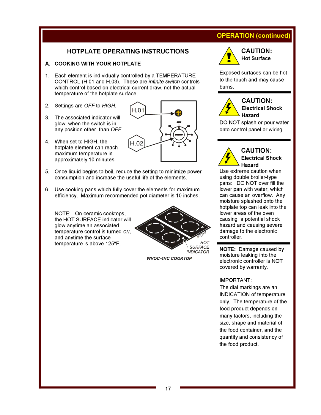 Wells WVOC-4HC, WVOC-4HS, WVOC-4HF operation manual Hotplate Operating Instructions, Cooking with Your Hotplate 