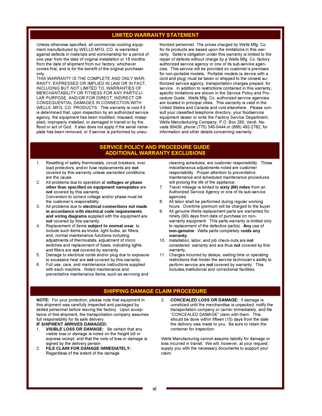 Wells WVOC-4HF, WVOC-4HS, WVOC-4HC operation manual Limited Warranty Statement 