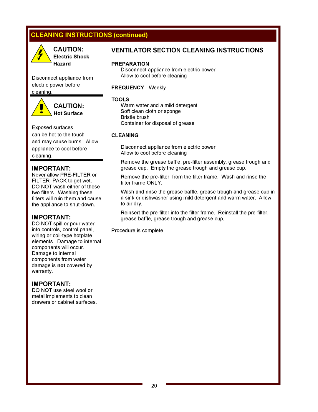 Wells WVOC-4HC, WVOC-4HS, WVOC-4HF operation manual Ventilator Section Cleaning Instructions, Preparation 