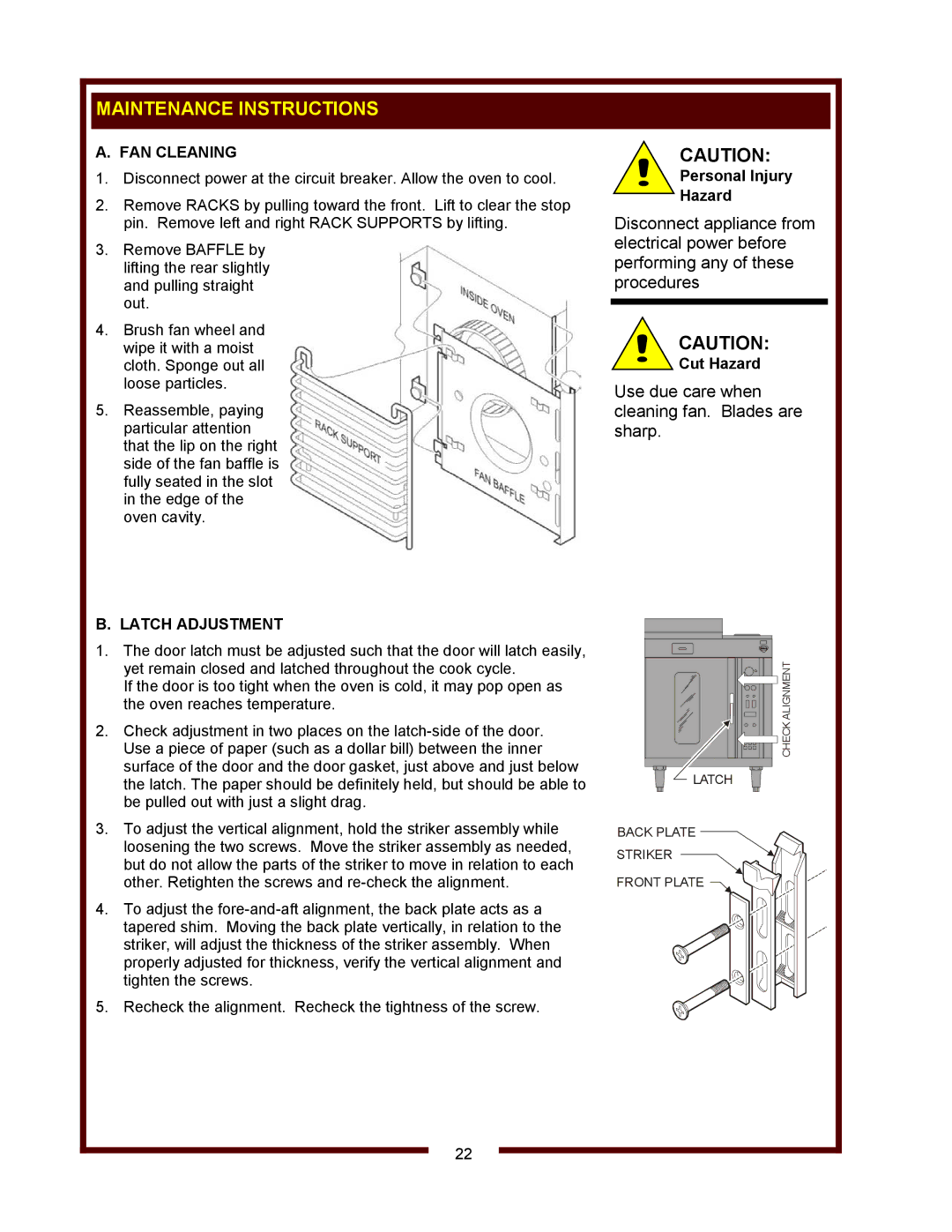 Wells WVOC-4HS, WVOC-4HC, WVOC-4HF operation manual Maintenance Instructions, FAN Cleaning, Latch Adjustment 