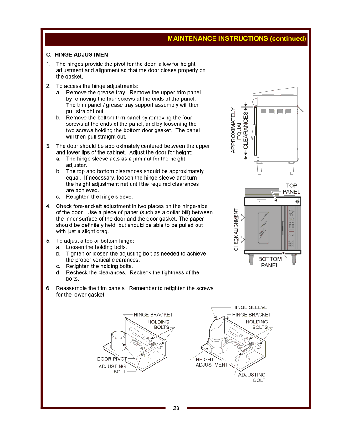 Wells WVOC-4HC, WVOC-4HS, WVOC-4HF operation manual Maintenance Instructions, Hinge Adjustment 