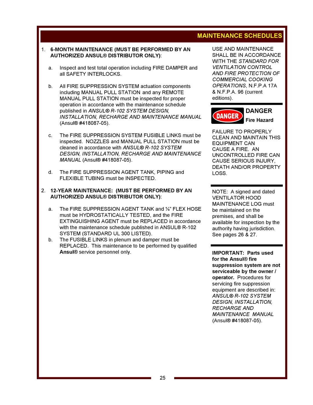 Wells WVOC-4HS, WVOC-4HC, WVOC-4HF operation manual Maintenance Schedules, Fire Hazard 