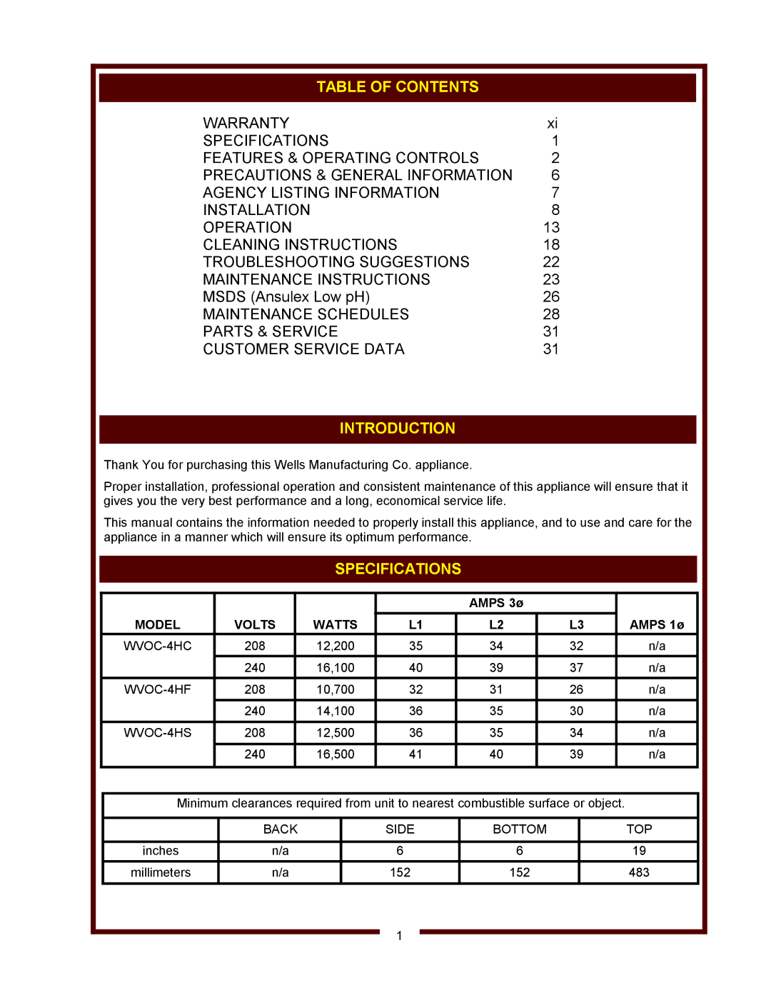 Wells WVOC-4HS, WVOC-4HC, WVOC-4HF operation manual Table of Contents, Introduction, Specifications 