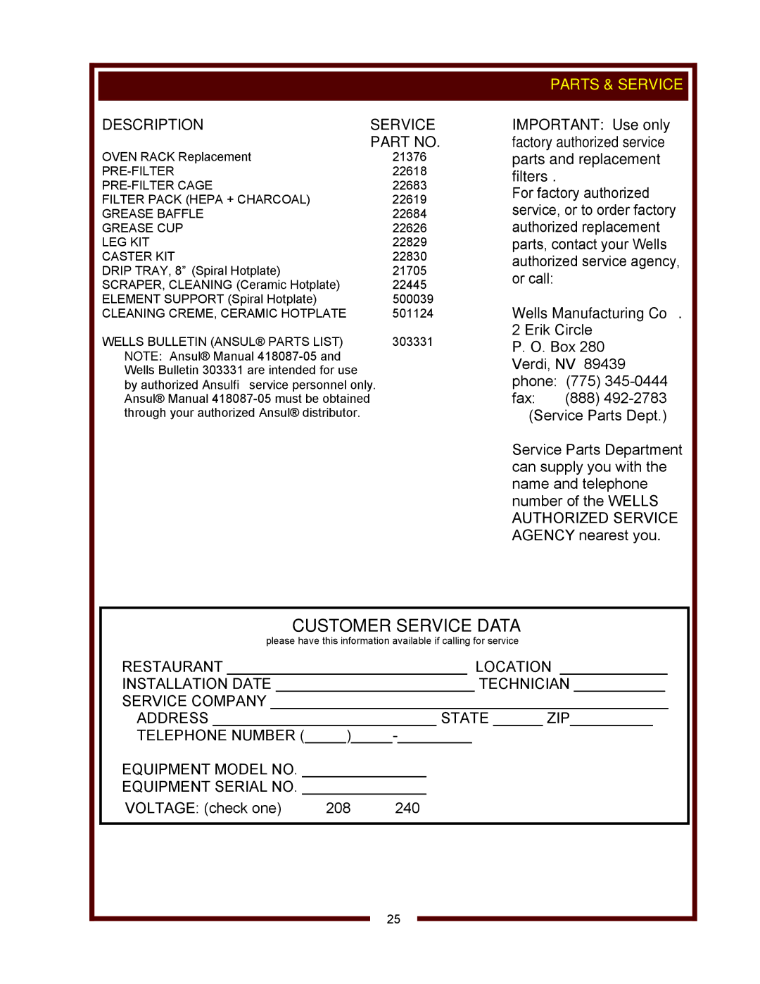 Wells WVOC-4HS, WVOC-4HC, WVOC-4HF operation manual Description Service, Parts & Service 