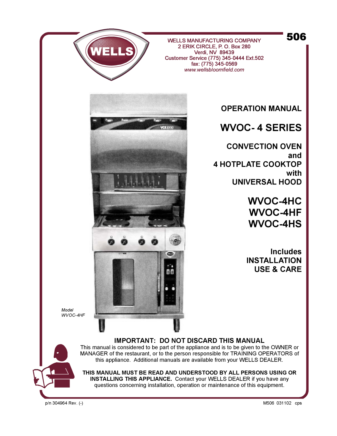 Wells WVOC-4HS operation manual CONVECTION OVEN and, Universal Hood, Includes INSTALLATION USE & CARE, WVOC- 4 SERIES, fax 