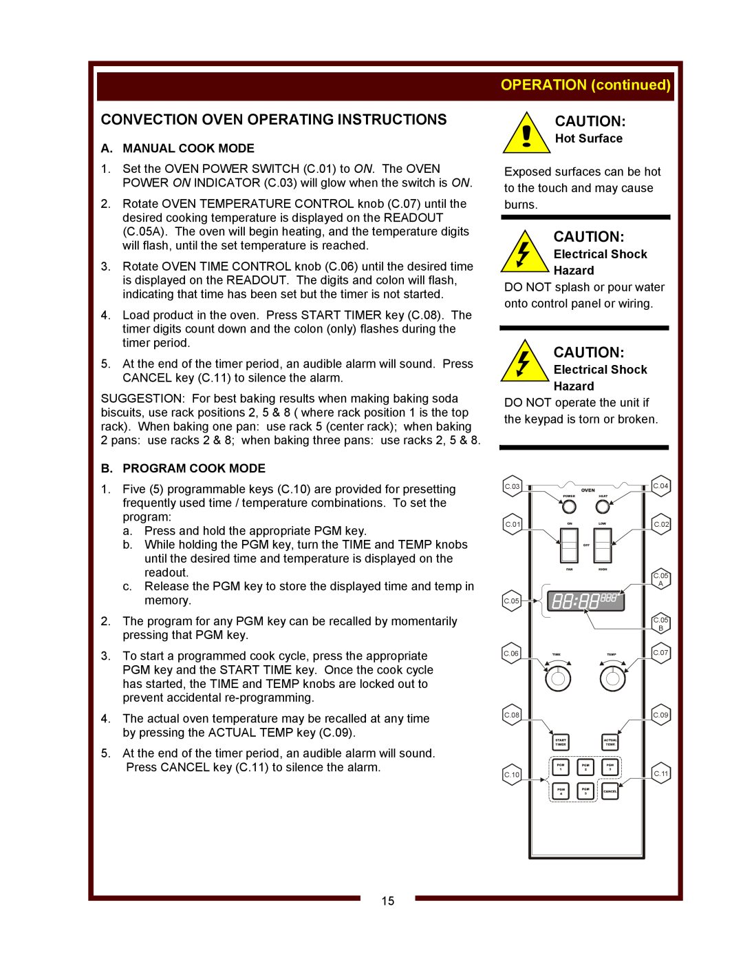 Wells WVOC-4HF Convection Oven Operating Instructions, OPERATION continued, A. Manual Cook Mode, B. Program Cook Mode 