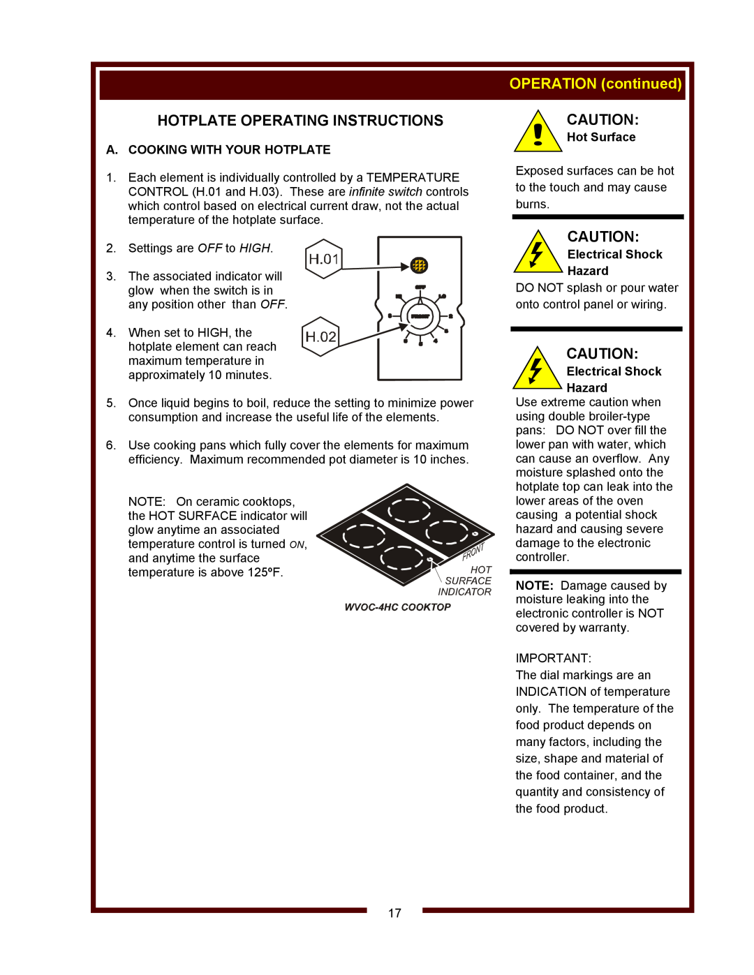 Wells WVOC-4HC, WVOC-4HS Hotplate Operating Instructions, OPERATION continued, A. Cooking With Your Hotplate, Hot Surface 