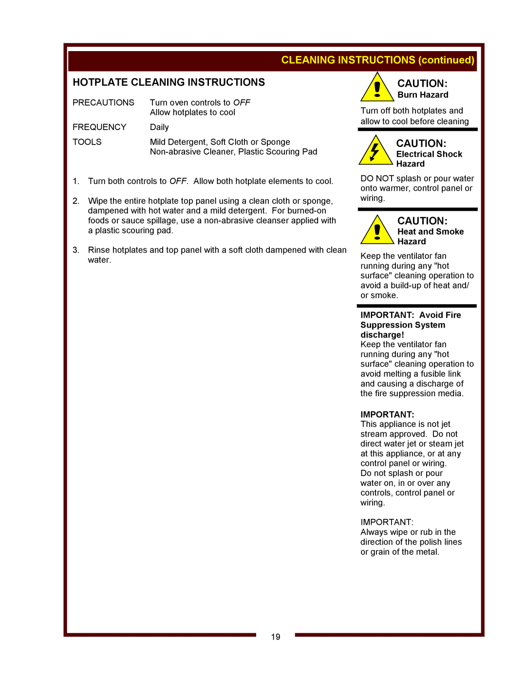 Wells WVOC-4HS, WVOC-4HC Hotplate Cleaning Instructions, Burn Hazard, Electrical Shock Hazard, Heat and Smoke Hazard 