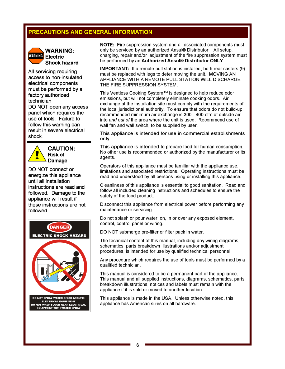 Wells WVOC-4HF, WVOC-4HS, WVOC-4HC Precautions And General Information, Electric Shock hazard, Risk of Damage 