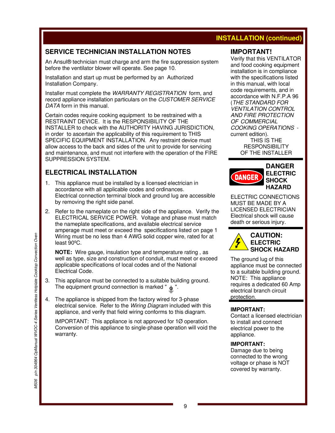 Wells WVOC-4HS operation manual Service Technician Installation Notes, Electrical Installation, Electric Shock Hazard 