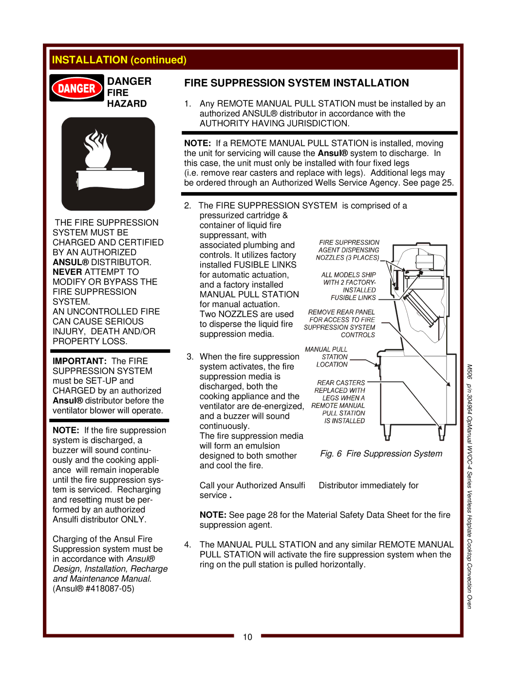 Wells WVOC-4HS operation manual Fire Suppression System Installation, Fire Hazard 