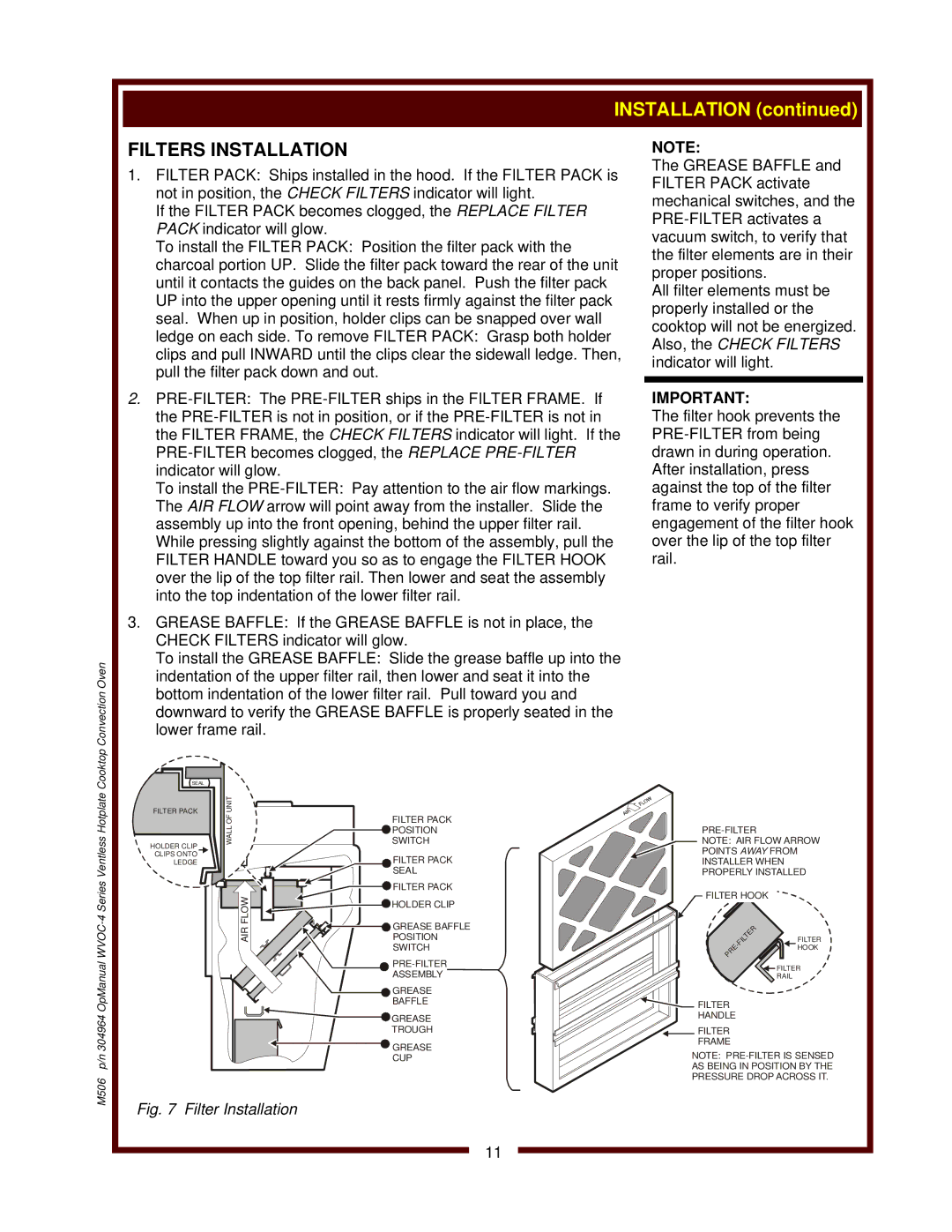 Wells WVOC-4HS operation manual Filter Installation 