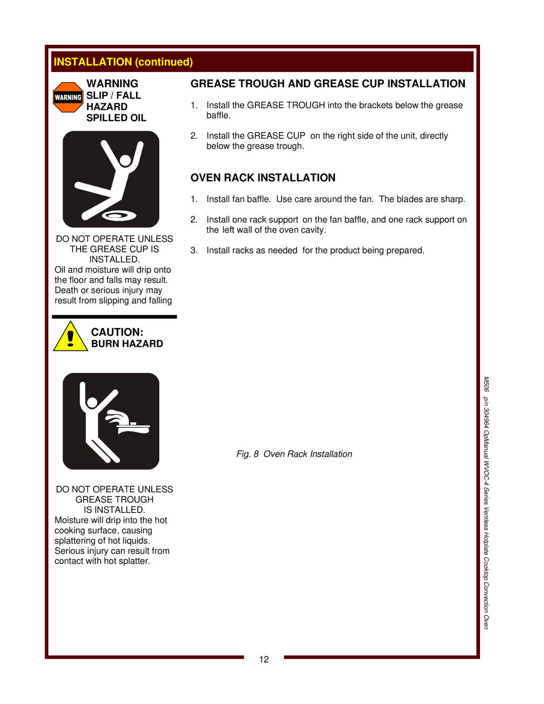 Wells WVOC-4HS Grease Trough and Grease CUP Installation, Oven Rack Installation, Slip / Fall Hazard Spilled OIL 