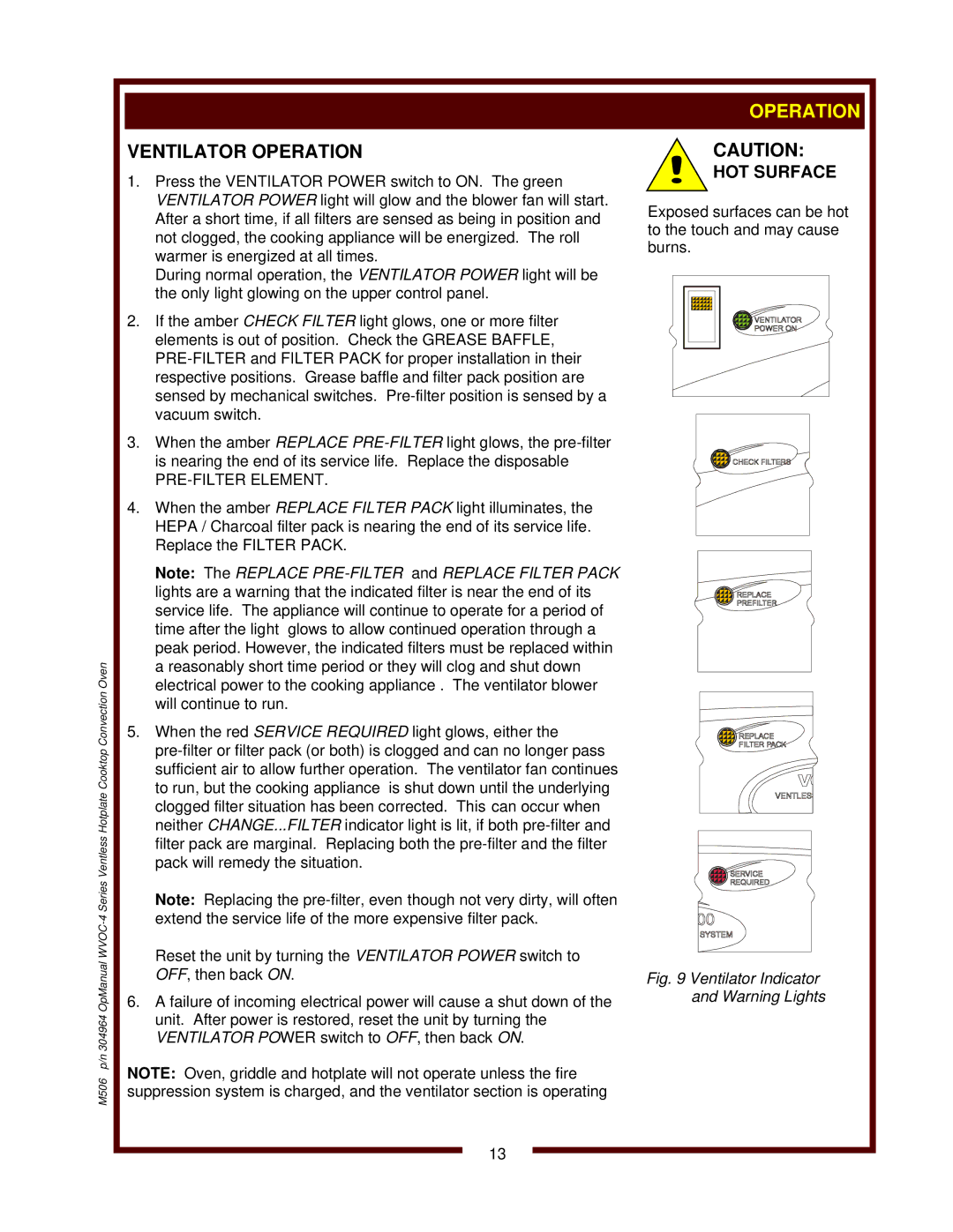 Wells WVOC-4HS operation manual Ventilator Operation, HOT Surface 