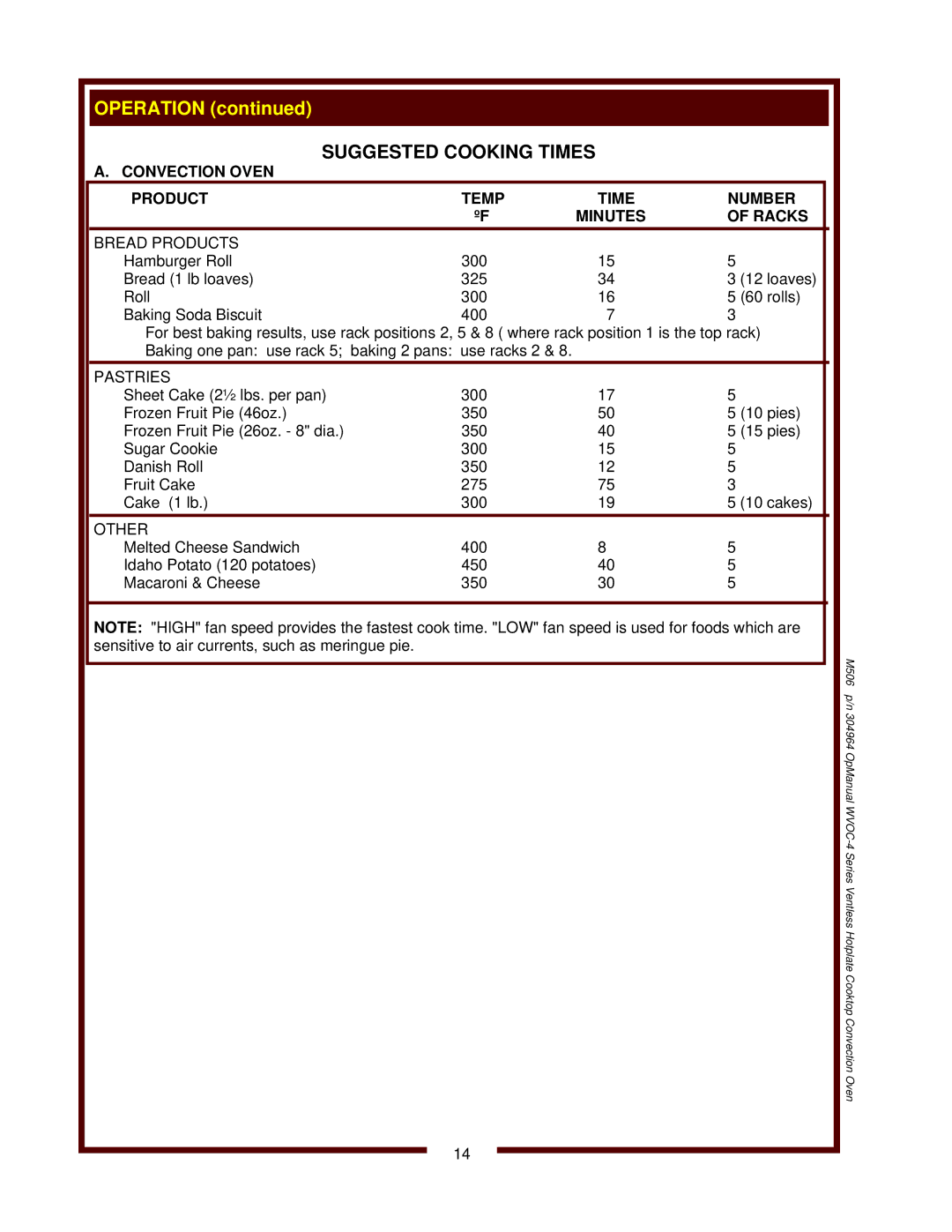 Wells WVOC-4HS operation manual Suggested Cooking Times, Convection Oven 