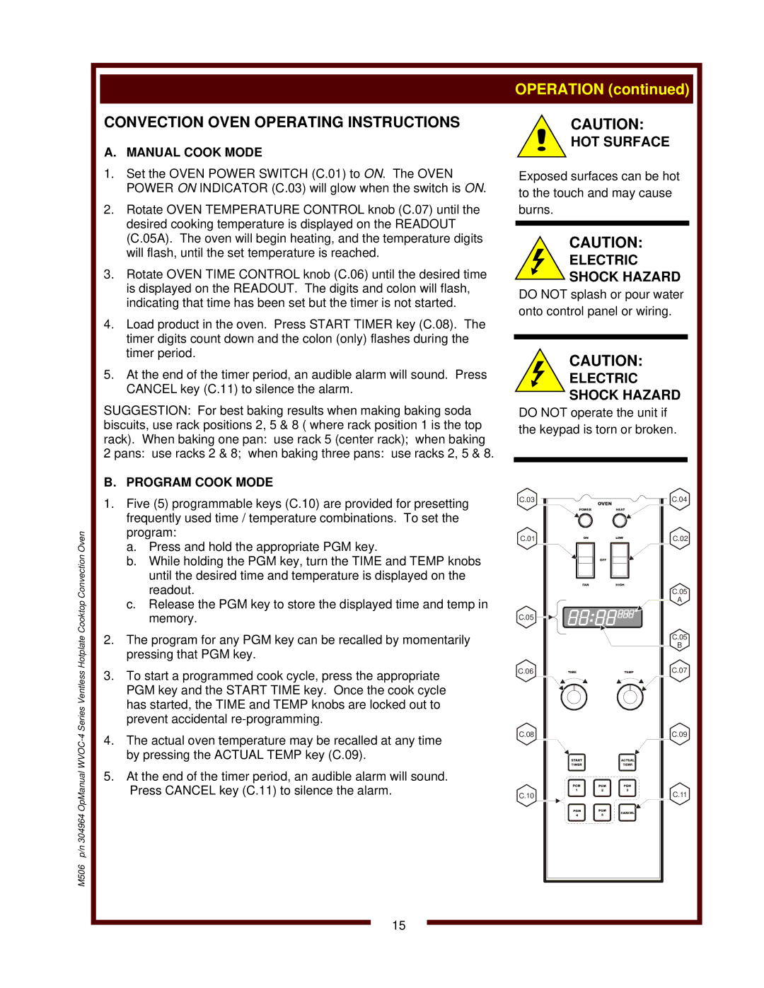 Wells WVOC-4HS operation manual Convection Oven Operating Instructions, Manual Cook Mode, Program Cook Mode 