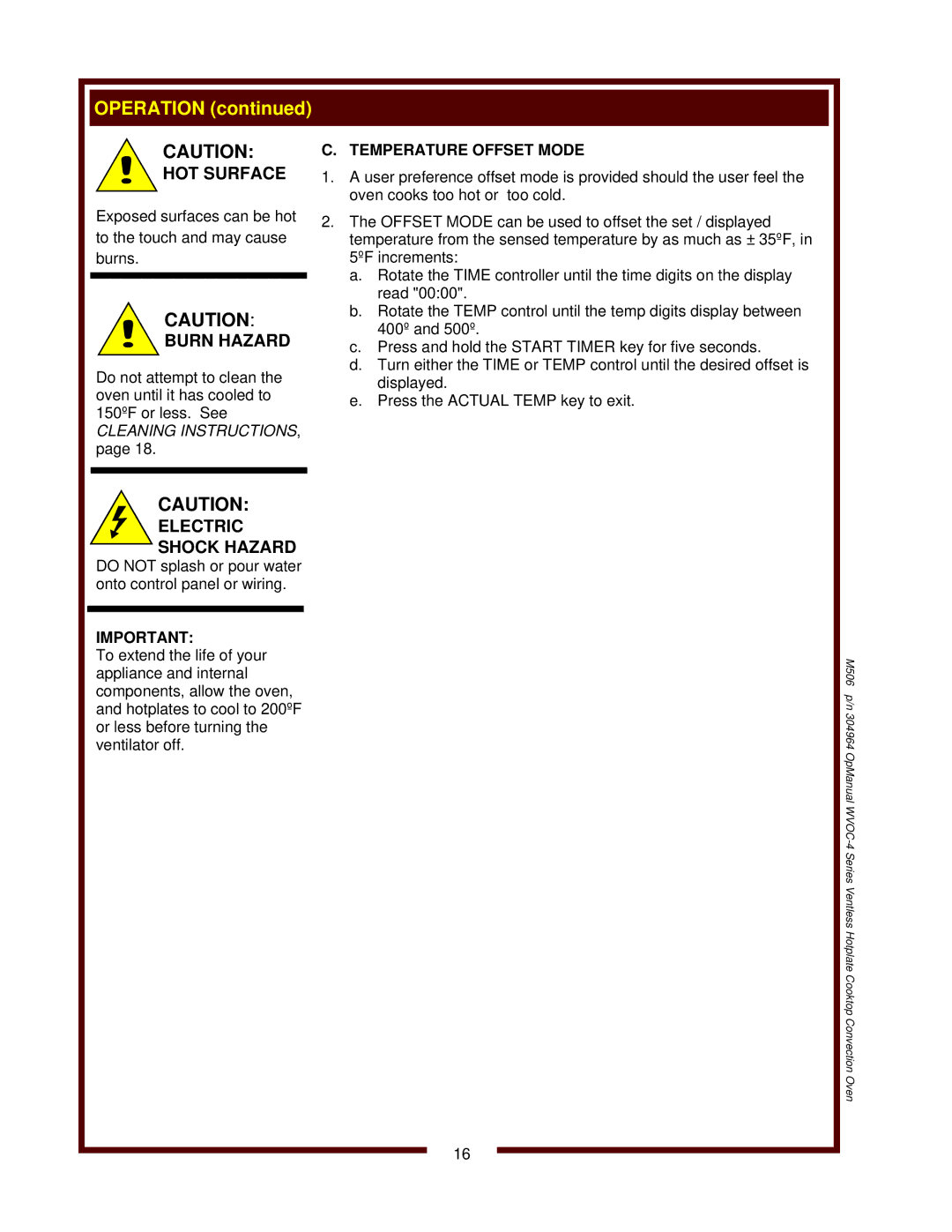 Wells WVOC-4HS operation manual Burn Hazard, Temperature Offset Mode 