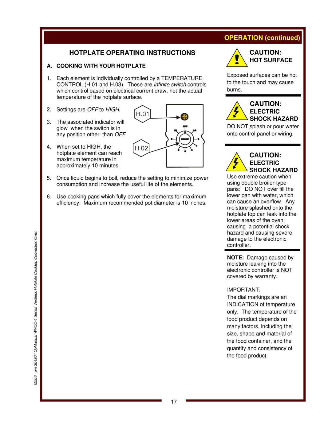 Wells WVOC-4HS operation manual Hotplate Operating Instructions, Cooking with Your Hotplate 