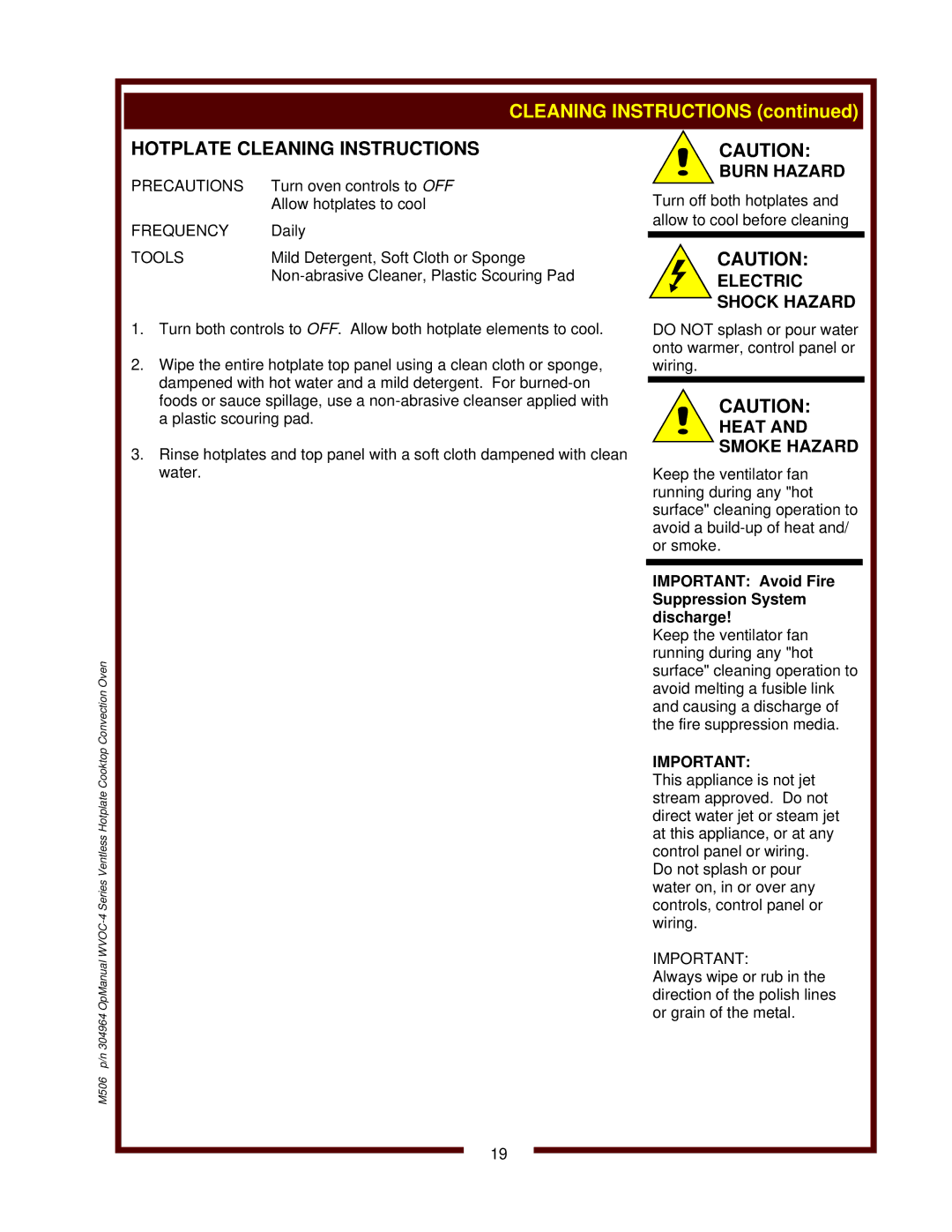 Wells WVOC-4HS operation manual Hotplate Cleaning Instructions, Electric, Heat 