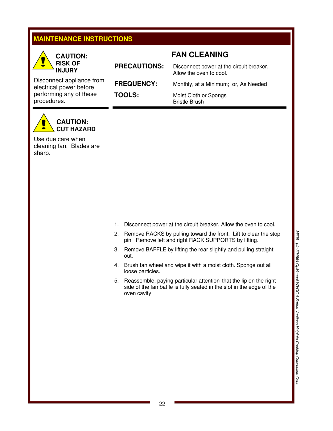 Wells WVOC-4HS operation manual Maintenance Instructions, Precautions, Frequency, Tools 