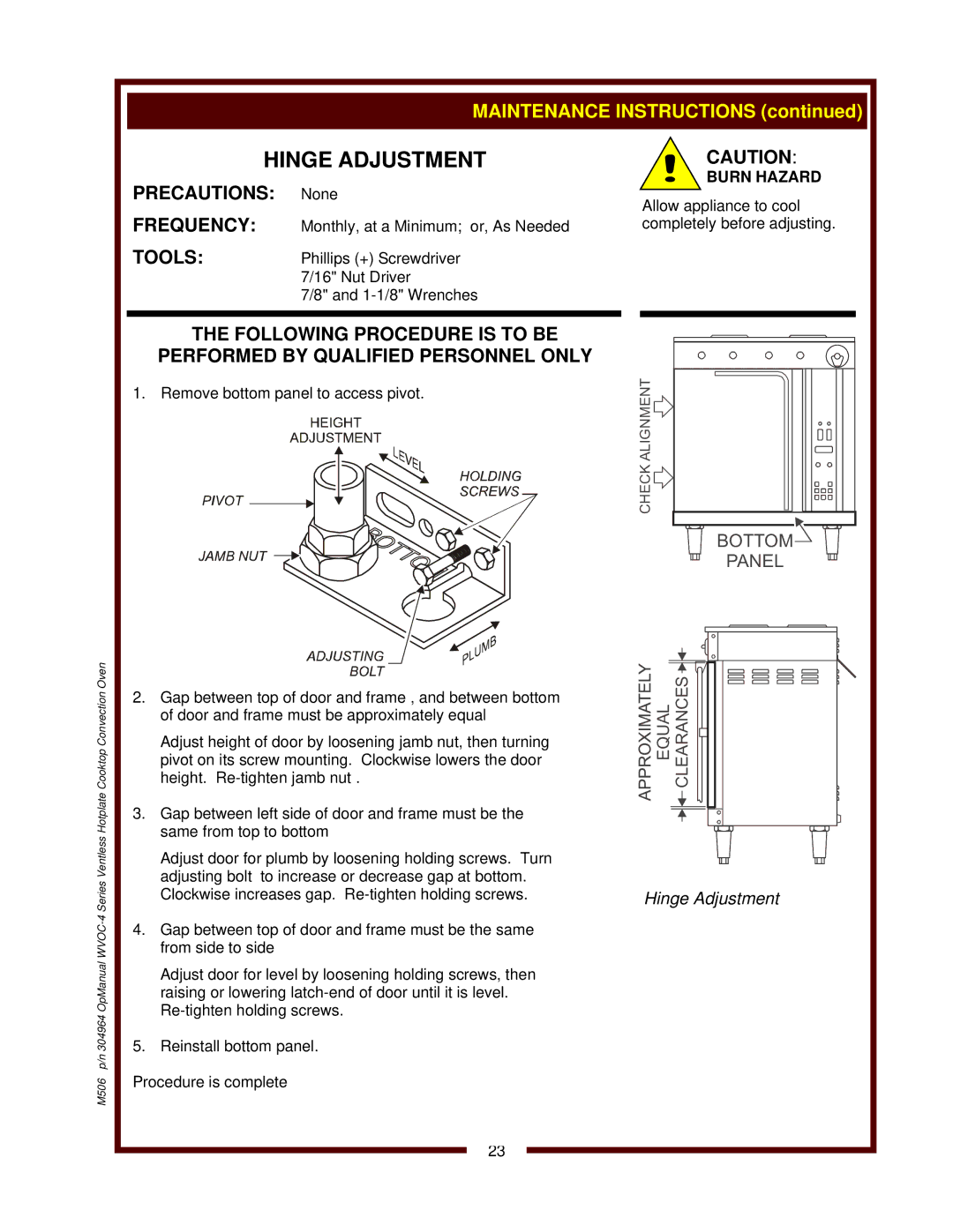 Wells WVOC-4HS operation manual Hinge Adjustment, Burn Hazard 