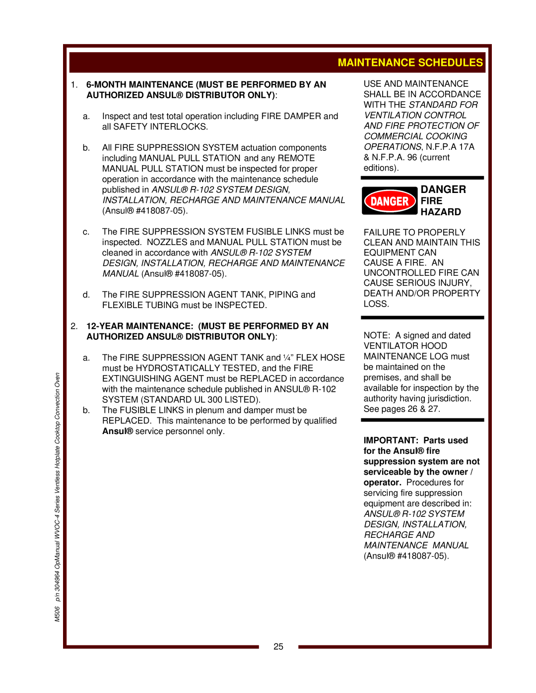 Wells WVOC-4HS operation manual Maintenance Schedules, Fire Hazard 