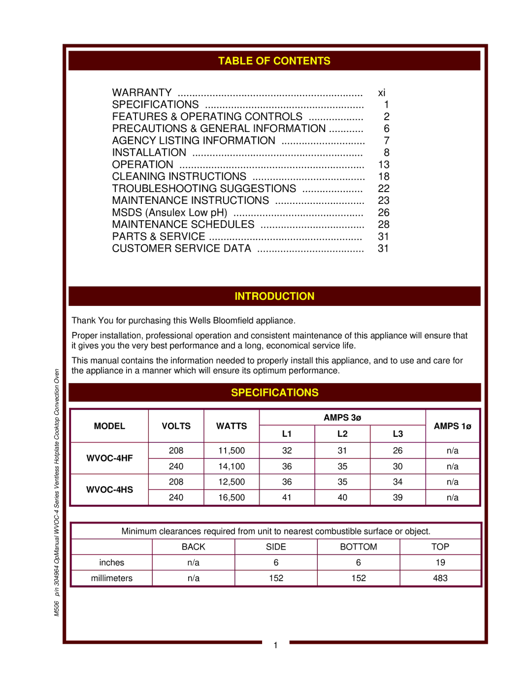 Wells WVOC-4HS operation manual Introduction, Model Volts Watts, WVOC-4HF 