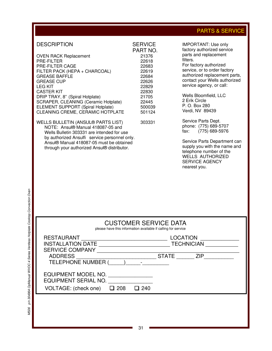 Wells WVOC-4HS operation manual Wells Bloomfield, LLC 