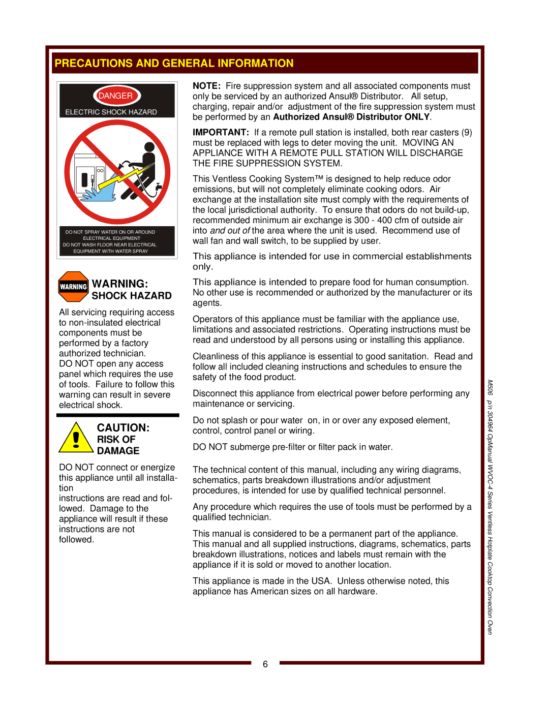 Wells WVOC-4HS operation manual Shock Hazard, Risk Damage 