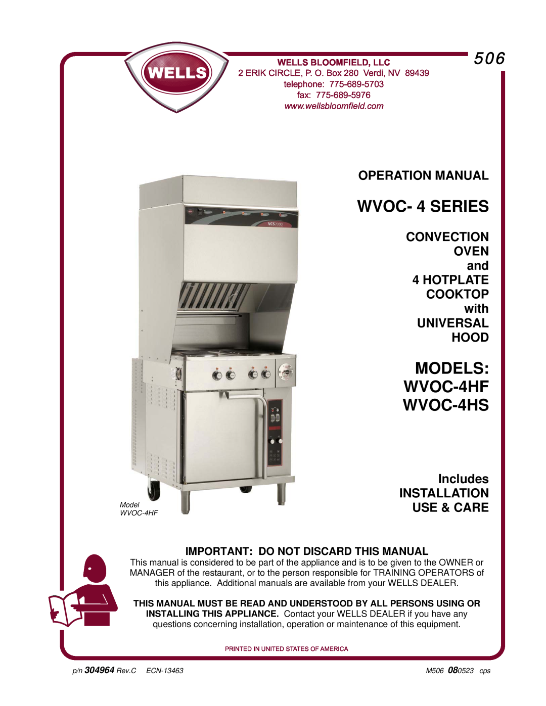 Wells WVOC-4HS operation manual CONVECTION OVEN and, Universal Hood, Includes INSTALLATION USE & CARE, WVOC- 4 SERIES, fax 