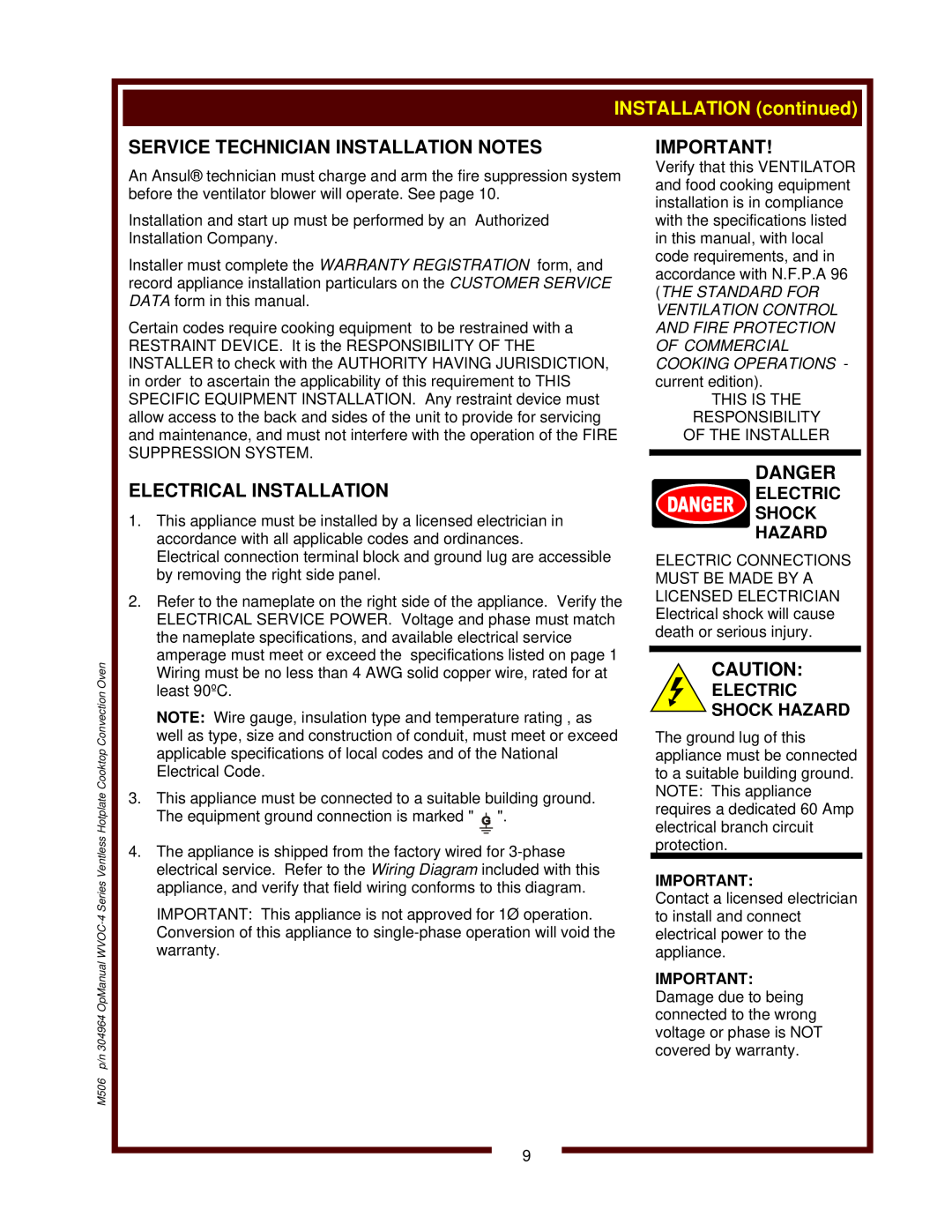 Wells WVOC-4HS Service Technician Installation Notes, Electrical Installation, Danger, Electric Shock Hazard 
