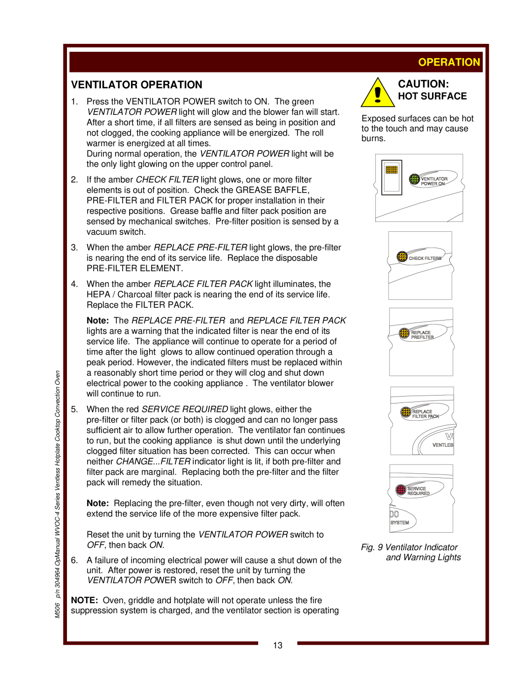 Wells WVOC-4HS operation manual Ventilator Operation, Hot Surface, Ventilator Indicator and Warning Lights 