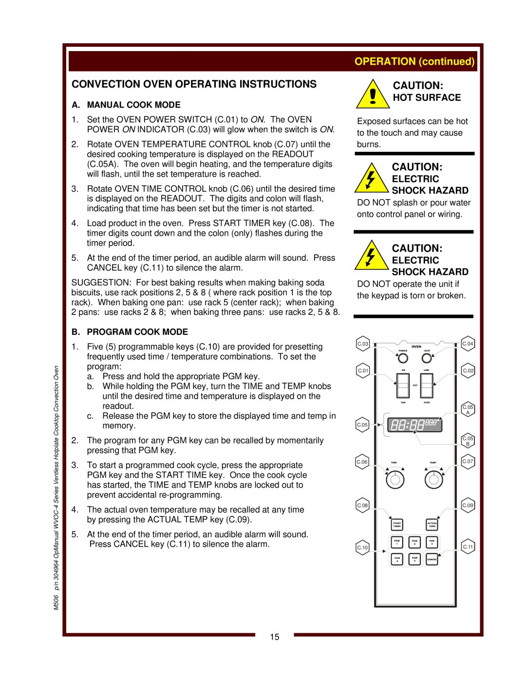 Wells WVOC-4HS Convection Oven Operating Instructions, OPERATION continued, Hot Surface, Electric Shock Hazard 