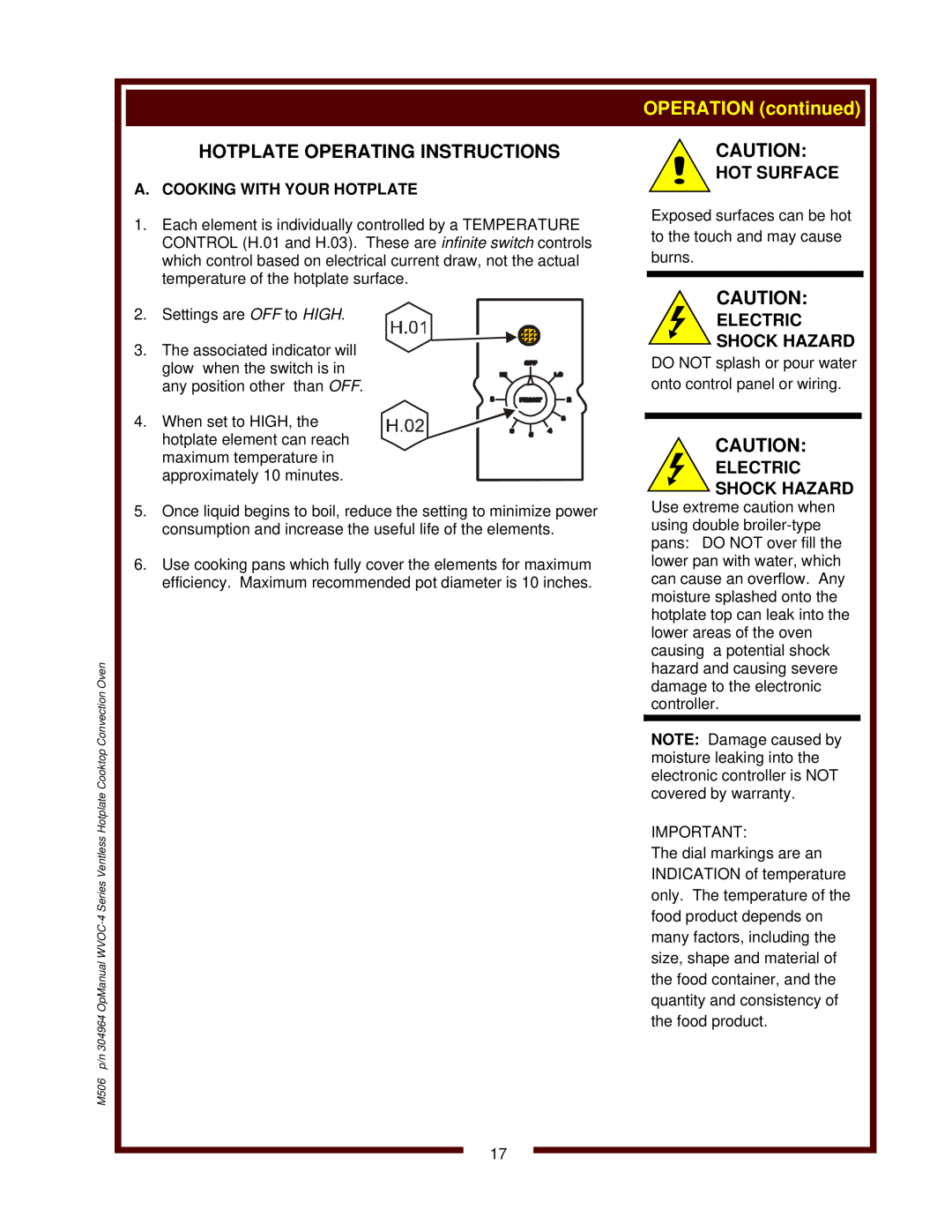 Wells WVOC-4HS operation manual Hotplate Operating Instructions, OPERATION continued, Hot Surface, Electric Shock Hazard 