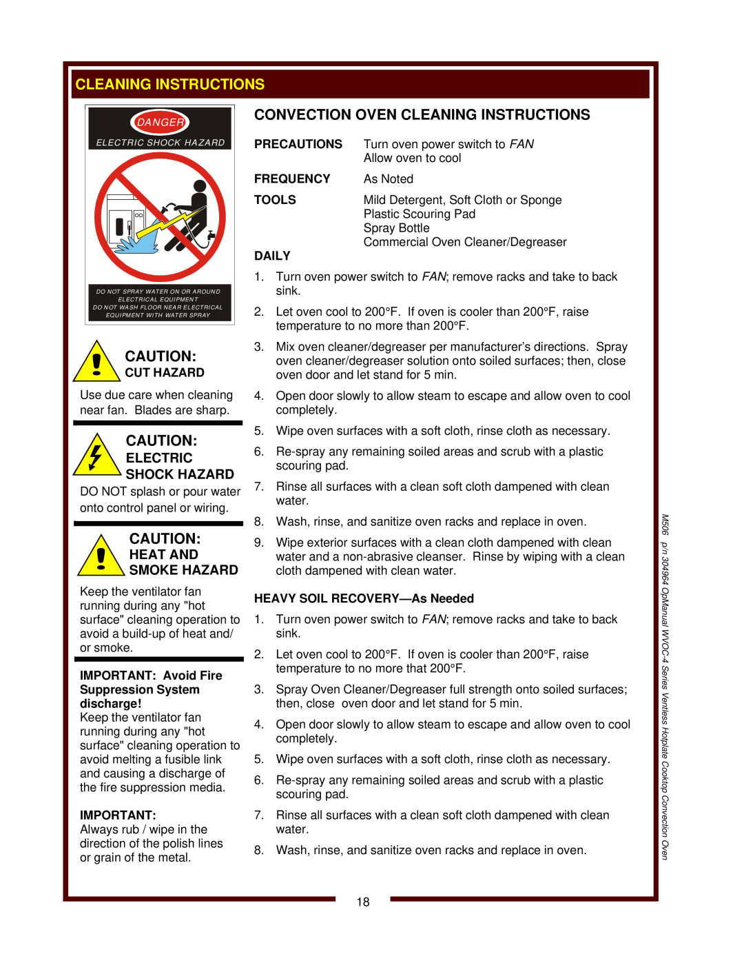 Wells WVOC-4HS Convection Oven Cleaning Instructions, Electric Shock Hazard, Heat And Smoke Hazard, Cut Hazard, Tools 